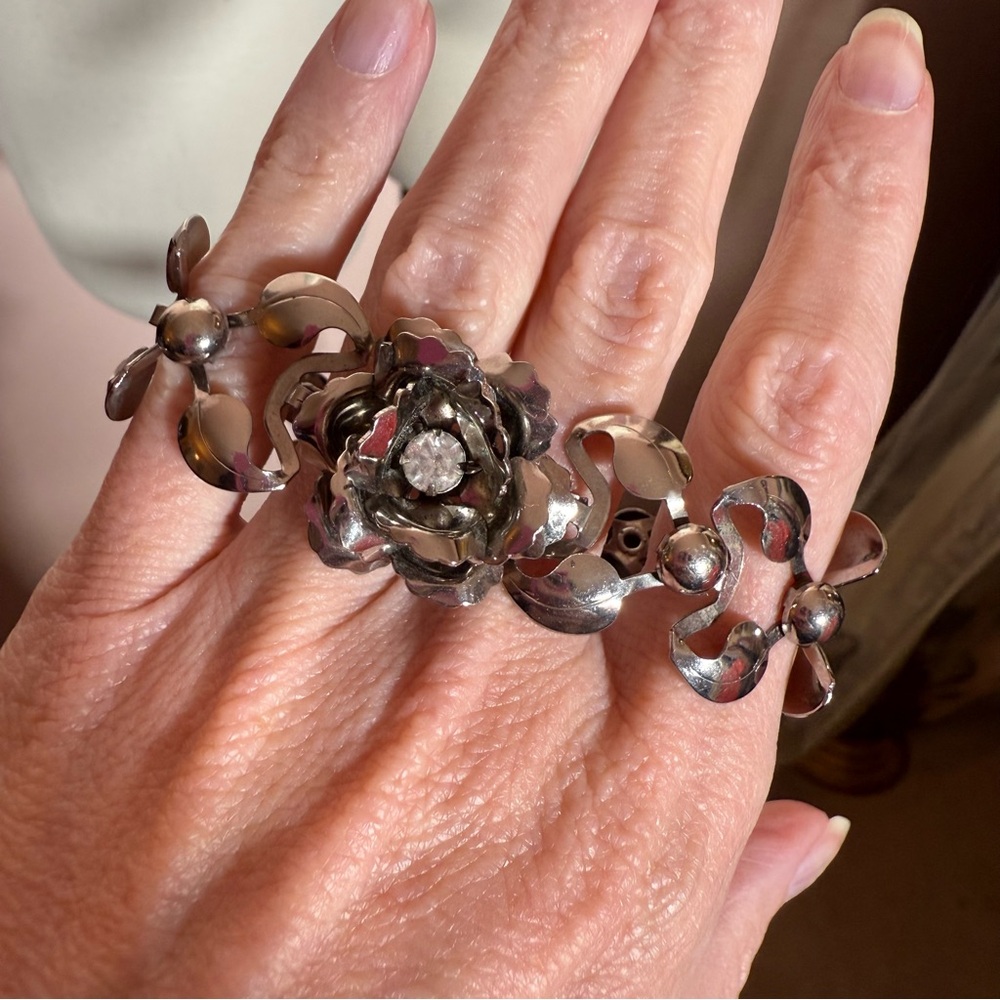 Silver Floral Rose Bracelet with Center Crystal - Picture 2 of 16